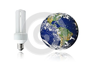 White energy saver bulb and planet Earth