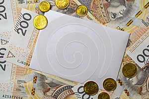 white envelope, blank note on money background, for finance and inflation