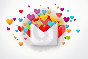 white envelope with colorful hearst for valentine day on white background