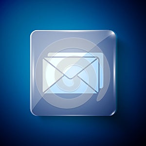 White Envelope icon isolated on blue background. Email message letter symbol. Square glass panels. Vector Illustration