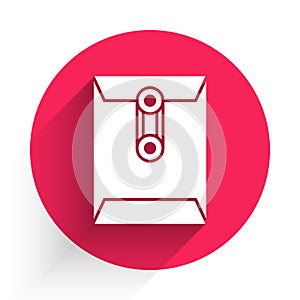 White Envelope icon isolated with long shadow. Email message letter symbol. Red circle button. Vector Illustration