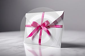 White envelope with pink ribbon on a white table