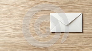 A white envelope with a triangular flap is placed on a light brown wooden surface.
