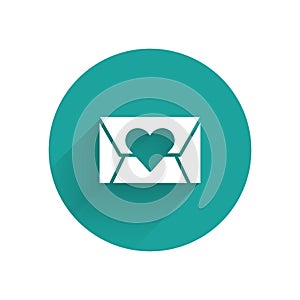 White Envelope with Valentine heart icon isolated with long shadow. Message love. Letter love and romance. Green circle