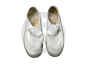 White esd shoes that have been used Dirty joint, white background, isolated