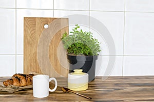 white espresso coffee cup, fresh baked croissant on kitchen table, counter, utensils dishware, home green plant in pot