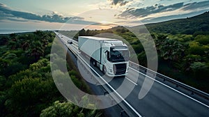 white European semitruck is seen from the sky on a highway backed by vegetation