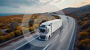 white European semitruck is seen from the sky on a highway backed by vegetation