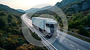 white European semitruck is seen from the sky on a highway backed by vegetation