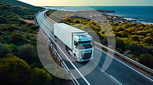 white European semitruck is seen from the sky on a highway backed by vegetation