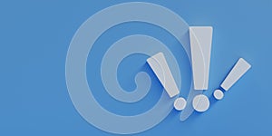 three white exclamation mark on blue background, 3d rendering