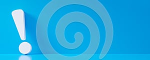 White exclamation mark or point symbol leaning against blue wall in blue floor room with copy space, solution, alert or info