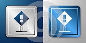 White Exclamation mark in square frame icon isolated on blue and grey background. Hazard warning sign, careful