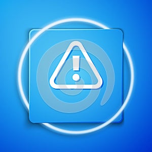 White Exclamation mark in triangle icon isolated on blue background. Hazard warning sign, careful, attention, danger