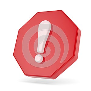 White exclamation point on red octagon and white background. Isolated 3D illustration