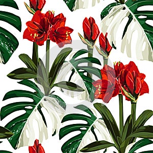 White exotic monstera leaves and red amarilis lilies flowers seamless pattern. photo