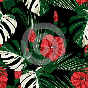 White exotic monstera leaves and red hibiscus flowers branch seamless pattern.