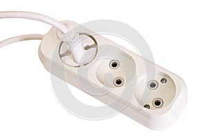 White extension cable, extension cable, plug extension cable with plug connected, on white background, isolated