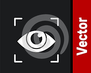 White Eye scan icon isolated on black background. Scanning eye. Security check symbol. Cyber eye sign. Vector