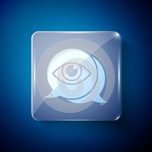 White Eye scan icon isolated on blue background. Scanning eye. Security check symbol. Cyber eye sign. Square glass