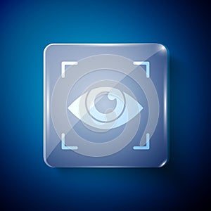 White Eye scan icon isolated on blue background. Scanning eye. Security check symbol. Cyber eye sign. Square glass