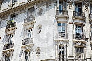 White facade of historic building in Buenos Aires, Argentina.