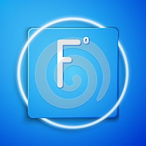 White Fahrenheit icon isolated on blue background. Blue square button. Vector Illustration