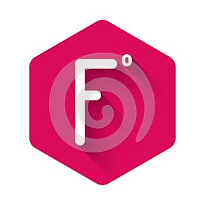 White Fahrenheit icon isolated with long shadow. Pink hexagon button. Vector