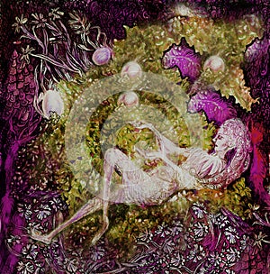 White fairy lying on flower, colorful artwork