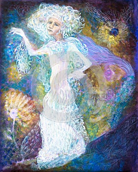 White fairy woman spirit in bright dress on abstract colorful