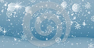 White falling snow, big snowdrifts, different snowflakes, festive Christmas background