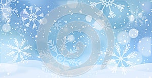 White falling snow, big snowdrifts, different snowflakes, festive Christmas background - Vector