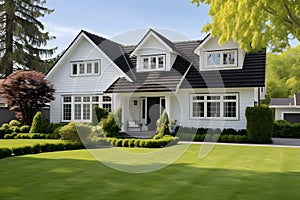 White family house with black pitched roof tiles, and beautiful front yard with green lawn ai generated