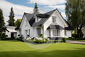 White family house with black pitched roof tiles, and beautiful front yard with green lawn ai generated