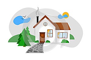 White family house with a path in flat style