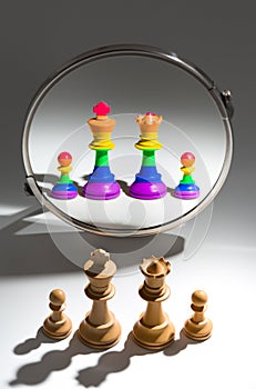 A white family is looking in a mirror to see themselves covered with a rainbow flag.