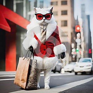 White fancy cat poses in a winter white sheep`s wool coat on the street