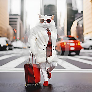 White fancy cat poses in a winter white sheep`s wool coat on the street