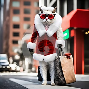 White fancy cat poses in a winter white sheep`s wool coat on the street