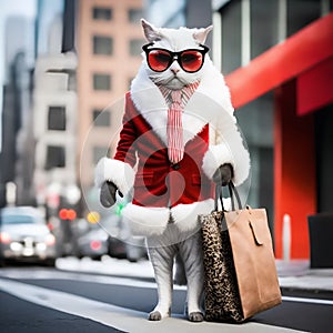 White fancy cat poses in a winter white sheep`s wool coat on the street