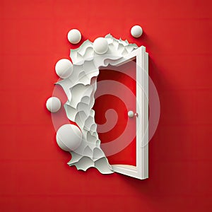 White fantasy door with balls on red background. Beautiful opened door. Mystique doorway. Entrance to unknown future