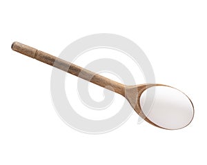 White farm fresh egg on wooden spoon isolated on white.