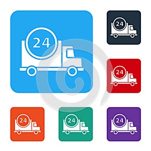 White Fast round the clock delivery by car icon isolated on white background. Set icons in color square buttons. Vector