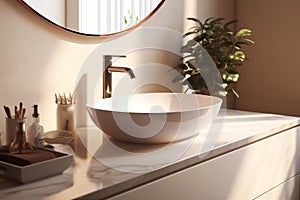 white faucet luxury interior design bathroom sunlight modern counter house sink. Generative AI.