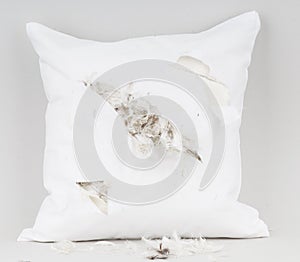 White feather pillow with cuts