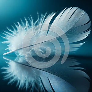 White feather sits on a black reflective surface