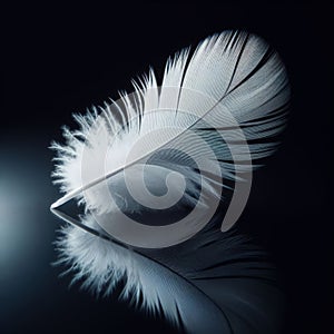 White feather sits on a black reflective surface