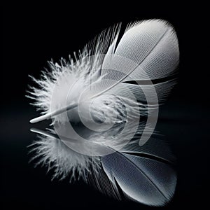 White feather sits on a black reflective surface