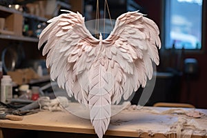 white feathers around unfinished angel ornament