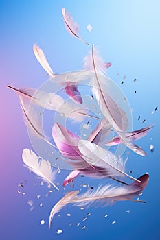 white feathers fly in the air on blue pastel background